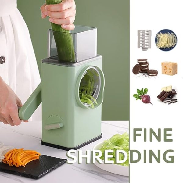 MULTIFUNCTIONAL ROTARY VEGETABLE CUTTER | CHEESE GRATER WITH HANDLE DURABLE MANDOLIN SLICER WITH SUCTION BASE | 3 IN 1 INTERCHANGEABLE BLADES