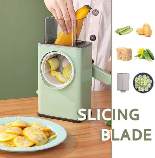 MULTIFUNCTIONAL ROTARY VEGETABLE CUTTER | CHEESE GRATER WITH HANDLE DURABLE MANDOLIN SLICER WITH SUCTION BASE | 3 IN 1 INTERCHANGEABLE BLADES